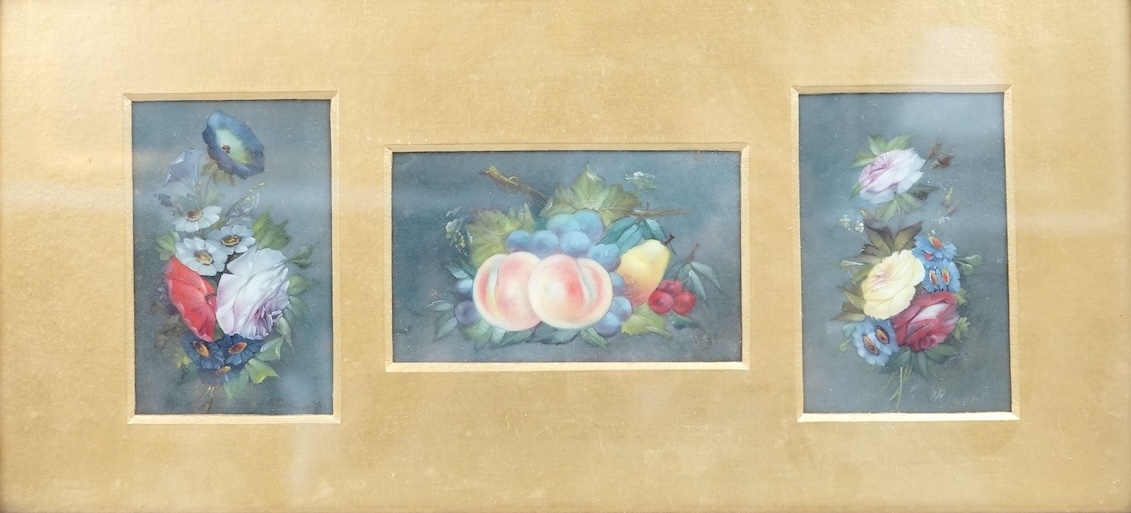 William Rayworth (1852-1908), set of three still lifes, Flowers and fruit, mounted and framed as one, each indistinctly signed, gilt framed, 10 x 6cm